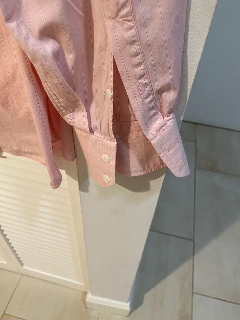 Gucci Pink Striped Long Sleeve Shirt with Black Logo Label.